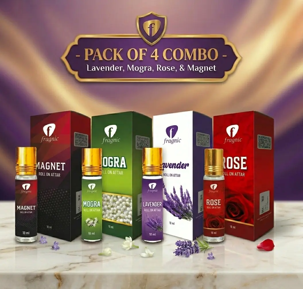 Pack of 4 Fragnic Rose, Lavender, Magnet and Mogra Roll on Attar 10ml | Long Lasting | Alcohol-Free