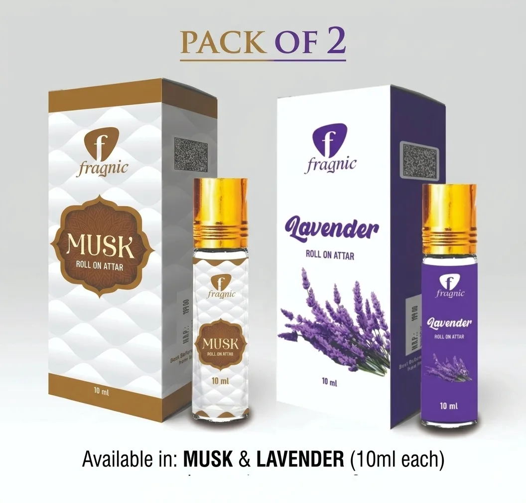 Pack of 2 Fragnic Musk and Lavender Roll on Attar 10ml | Long Lasting | Alcohol-Free