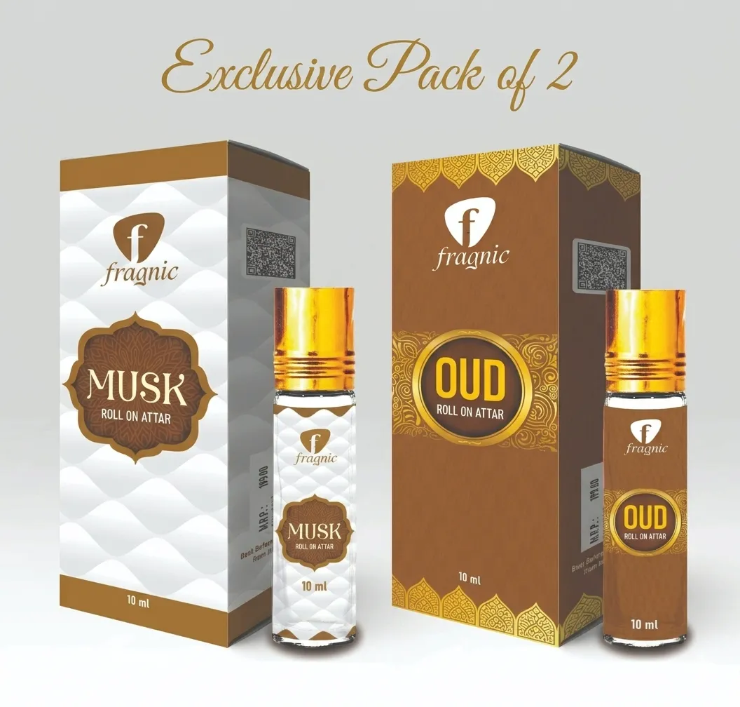 Pack of 2 Fragnic Oud and Musk Roll on Attar 10ml | Long Lasting | Alcohol-Free