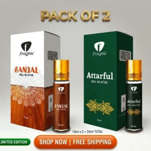Pack of 2 Fragnic Sandal and Attarful Roll on Attar 10ml | Long Lasting | Alcohol-Free